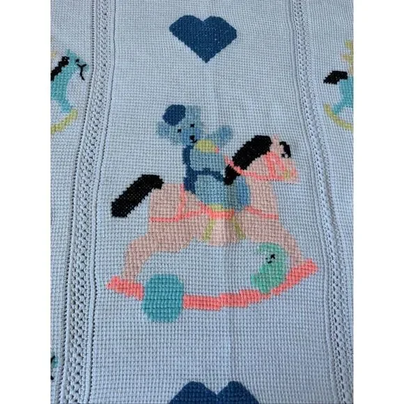 Vintage Baby Blanket Hand Knit Handmade Rocking Horse Hearts Heirloom Nursery 33 - Picture 5 of 5